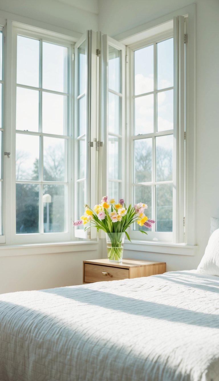 A bright, airy bedroom with a freshly made bed, open windows letting in sunlight, and a vase of spring flowers on the nightstand