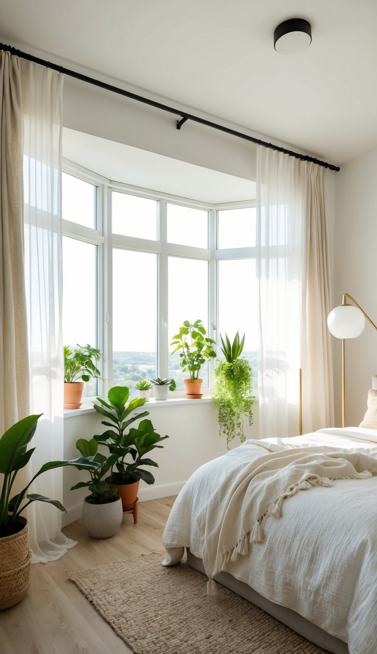 A bright, airy bedroom with light-colored decor, flowing curtains, potted plants, and natural light streaming in through open windows