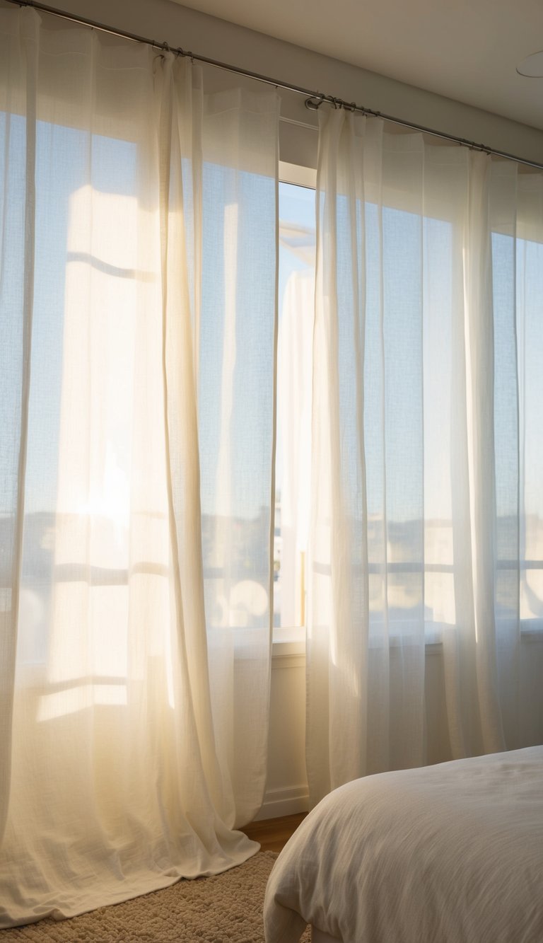 Sunlight filters through sheer linen curtains, casting a soft glow on the airy bedroom. A light and breezy atmosphere is created by the billowing fabric