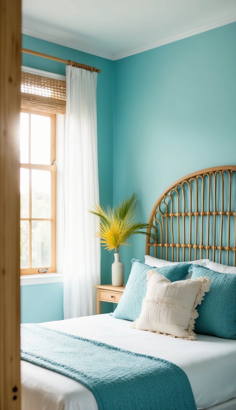 A rattan headboard sits against a soft blue wall, adorned with airy, summery decor. Sunshine streams through a window, casting a warm glow over the tranquil bedroom