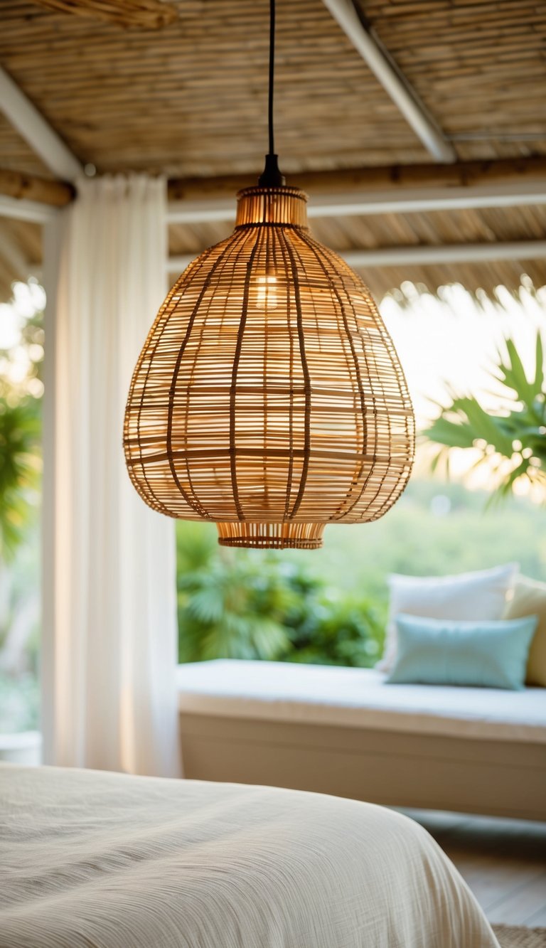 Bamboo pendant lights illuminate a serene summer bedroom with light and airy decor