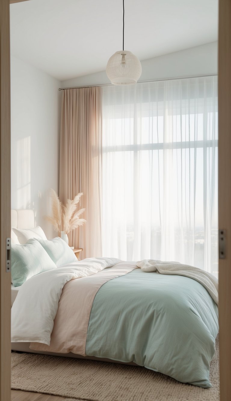 A light and airy bedroom with a cotton duvet cover, soft pastel colors, and natural light streaming in through sheer curtains