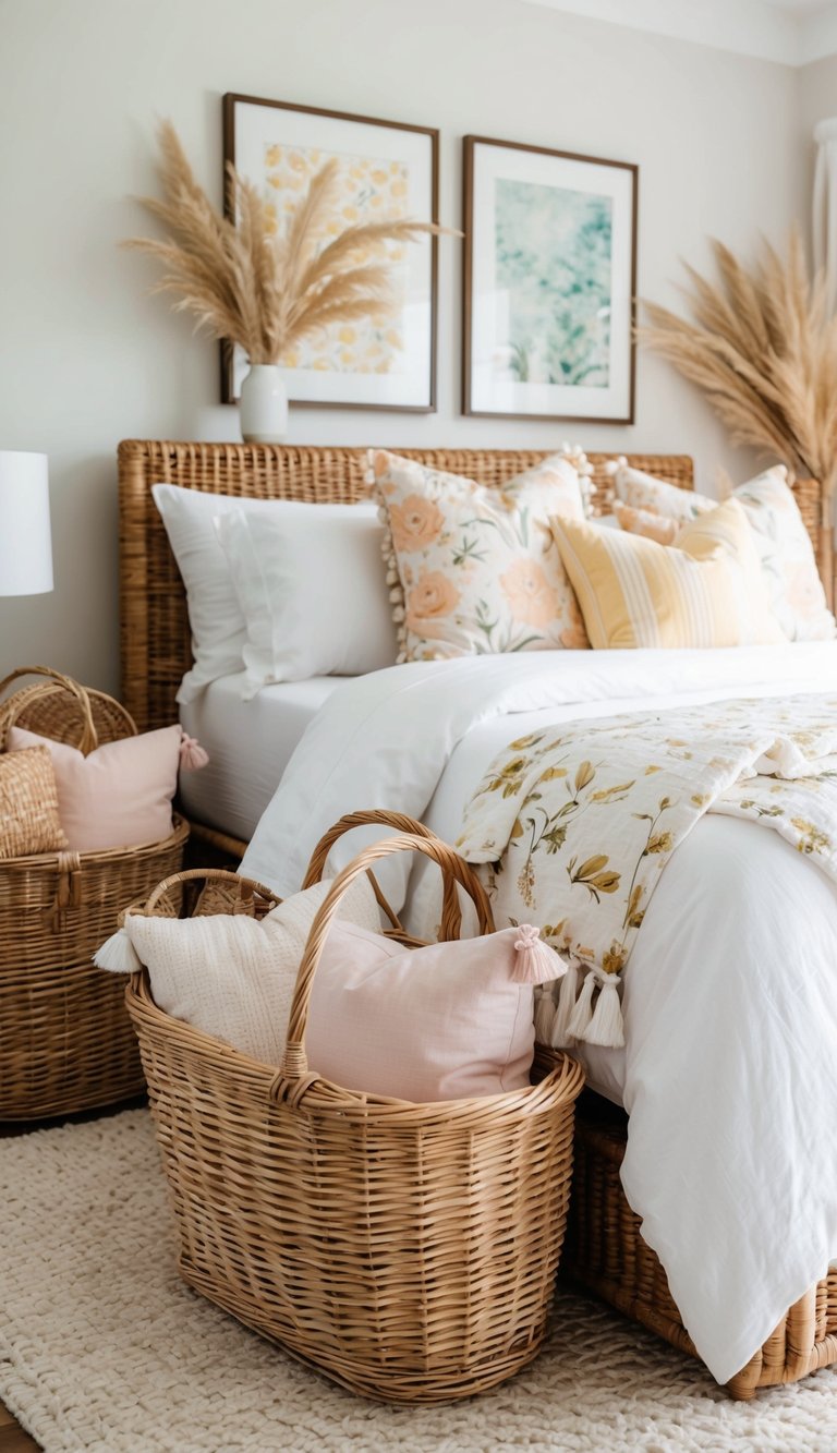 A cozy bedroom with wicker baskets filled with summer decor, including light and airy elements such as pastel colors, floral patterns, and natural textures