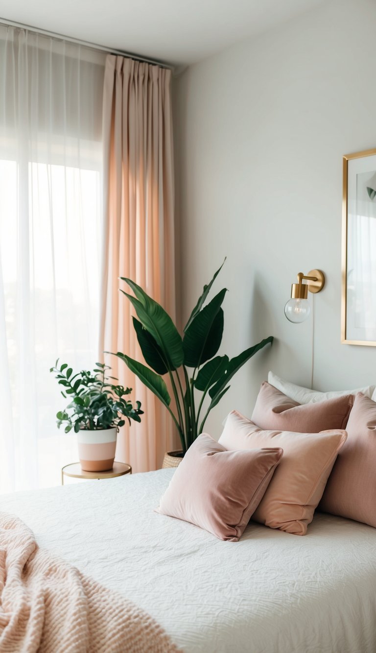 A bed with pastel throw pillows, sheer curtains, and potted plants