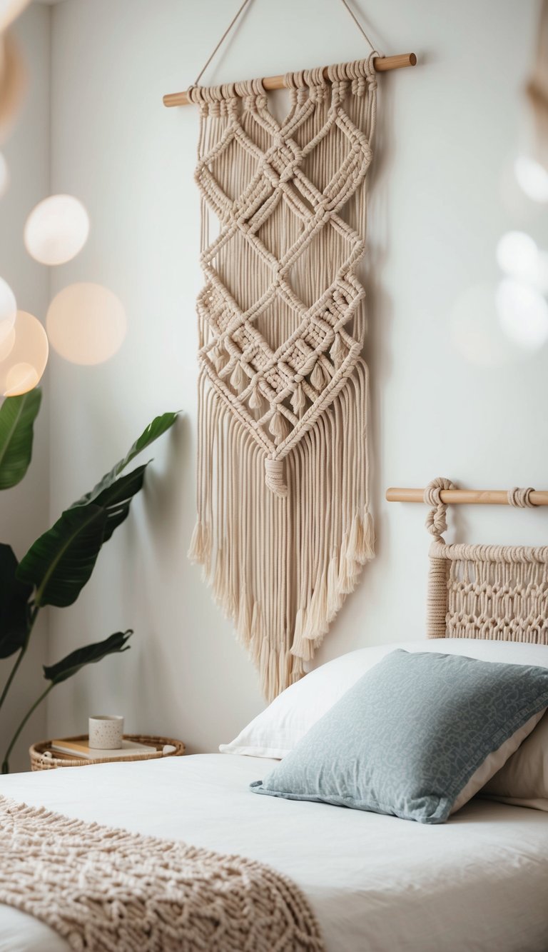 A macramé wall hanging adorns a light and airy summer bedroom, adding a bohemian touch to the decor