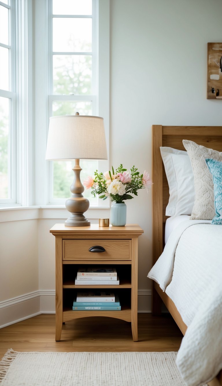 A light oak nightstand with a lamp, books, and a vase of flowers sits next to a cozy bed in a bright and airy bedroom