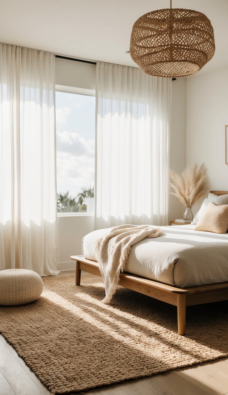 A sunlit bedroom with a seagrass rug, light curtains, and airy decor