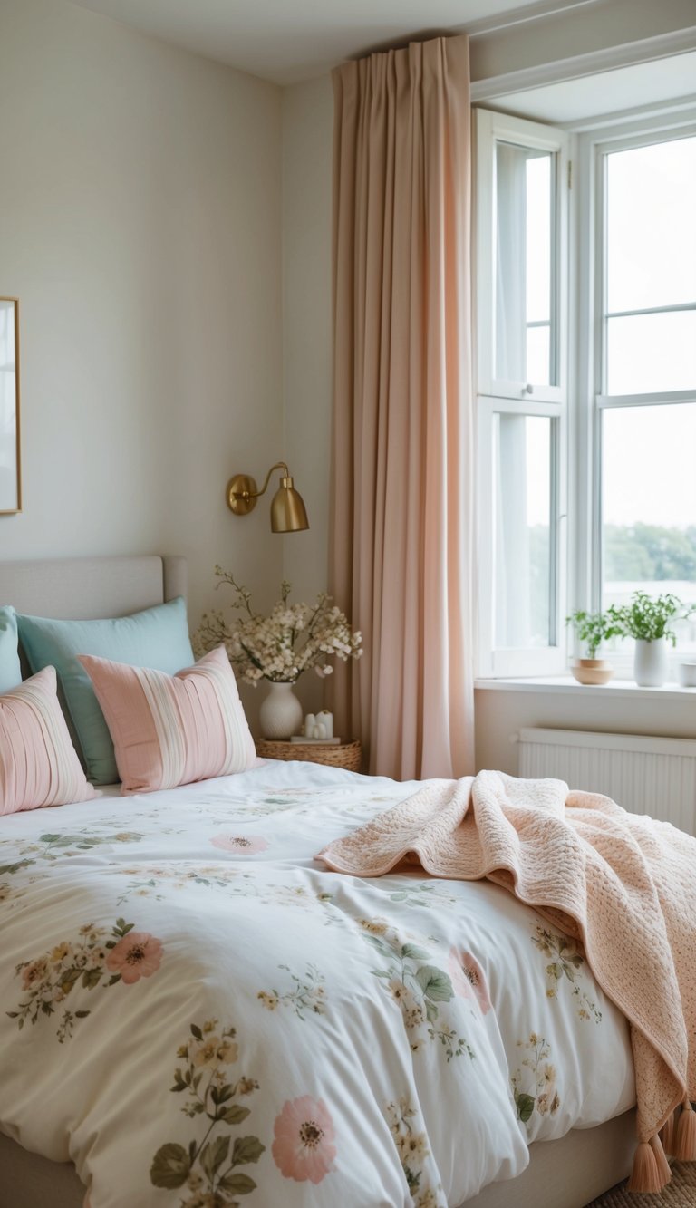 A cozy bedroom with light and airy decor featuring floral print bedding, soft pastel colors, and plenty of natural light streaming in through the windows