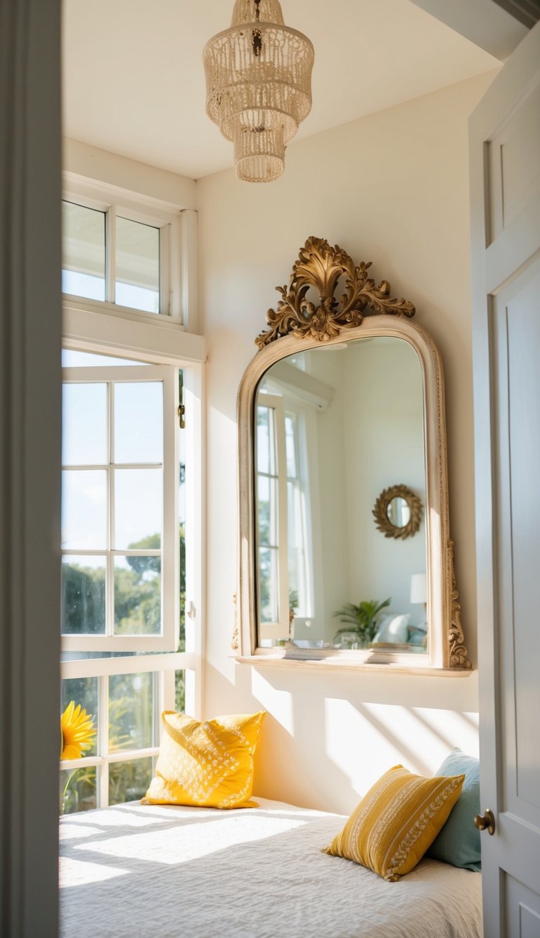 A vintage-inspired mirror hangs above a light and airy bedroom with summery decor. Sunlight streams through open windows, casting a warm glow on the space