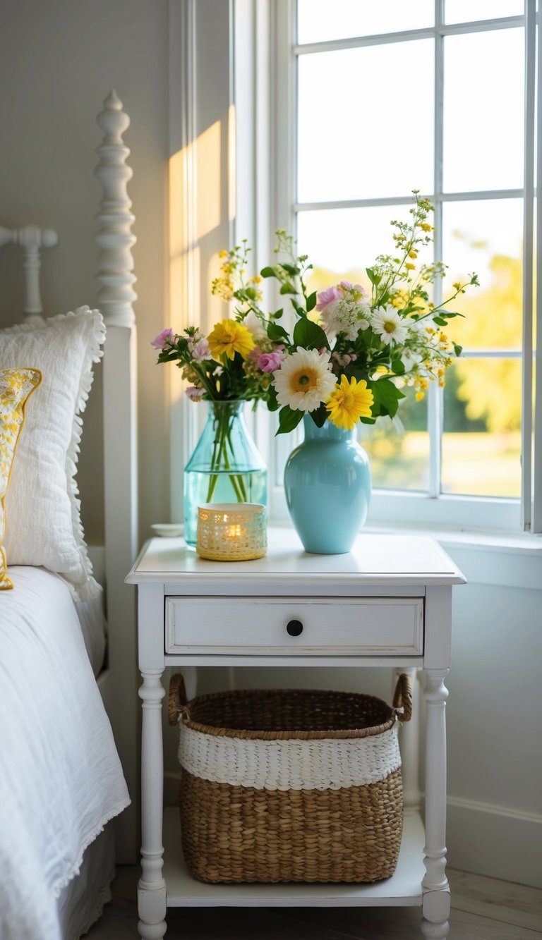 A whitewashed bedside table adorned with summery decor items, such as a vase of fresh flowers and a woven basket. Sunshine streams through an open window, casting a warm glow on the scene