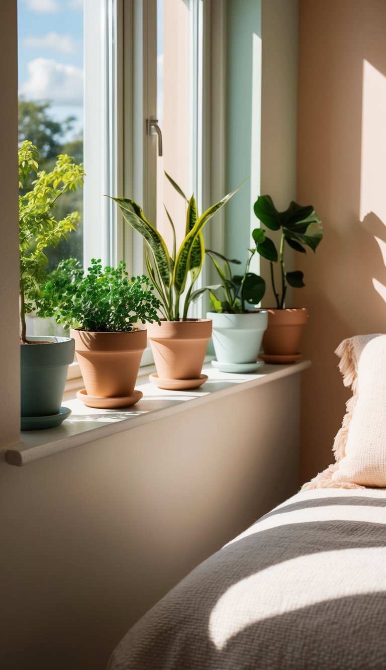 A light-filled bedroom with a row of ceramic plant pots on a sunny windowsill, casting shadows on a pastel-colored wall