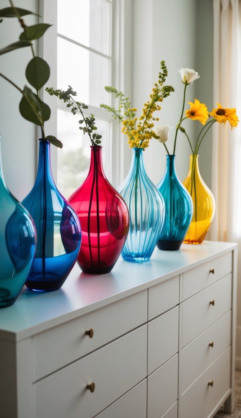 A collection of colorful glass vases arranged on a light and airy bedroom dresser