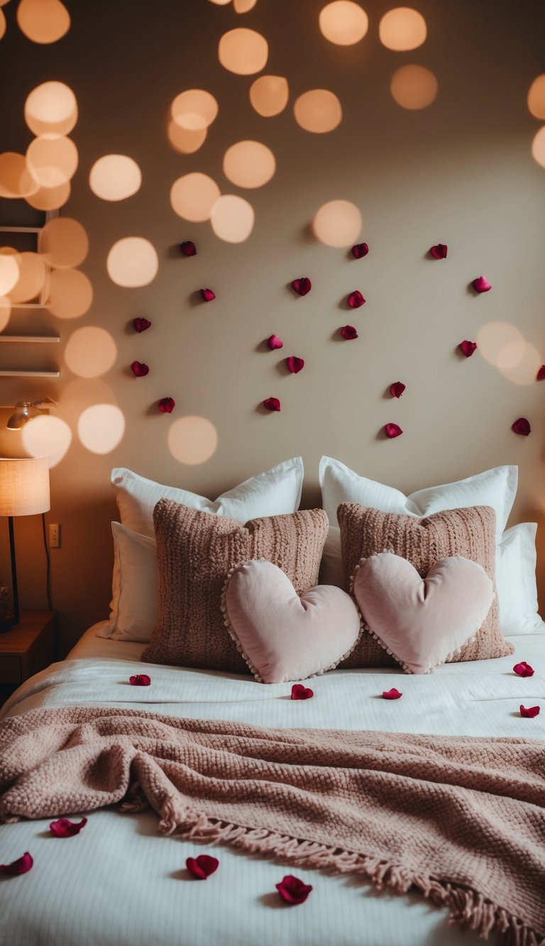 A cozy bedroom with soft, warm lighting, scattered rose petals, and a bed adorned with plush pillows and a heart-shaped throw blanket