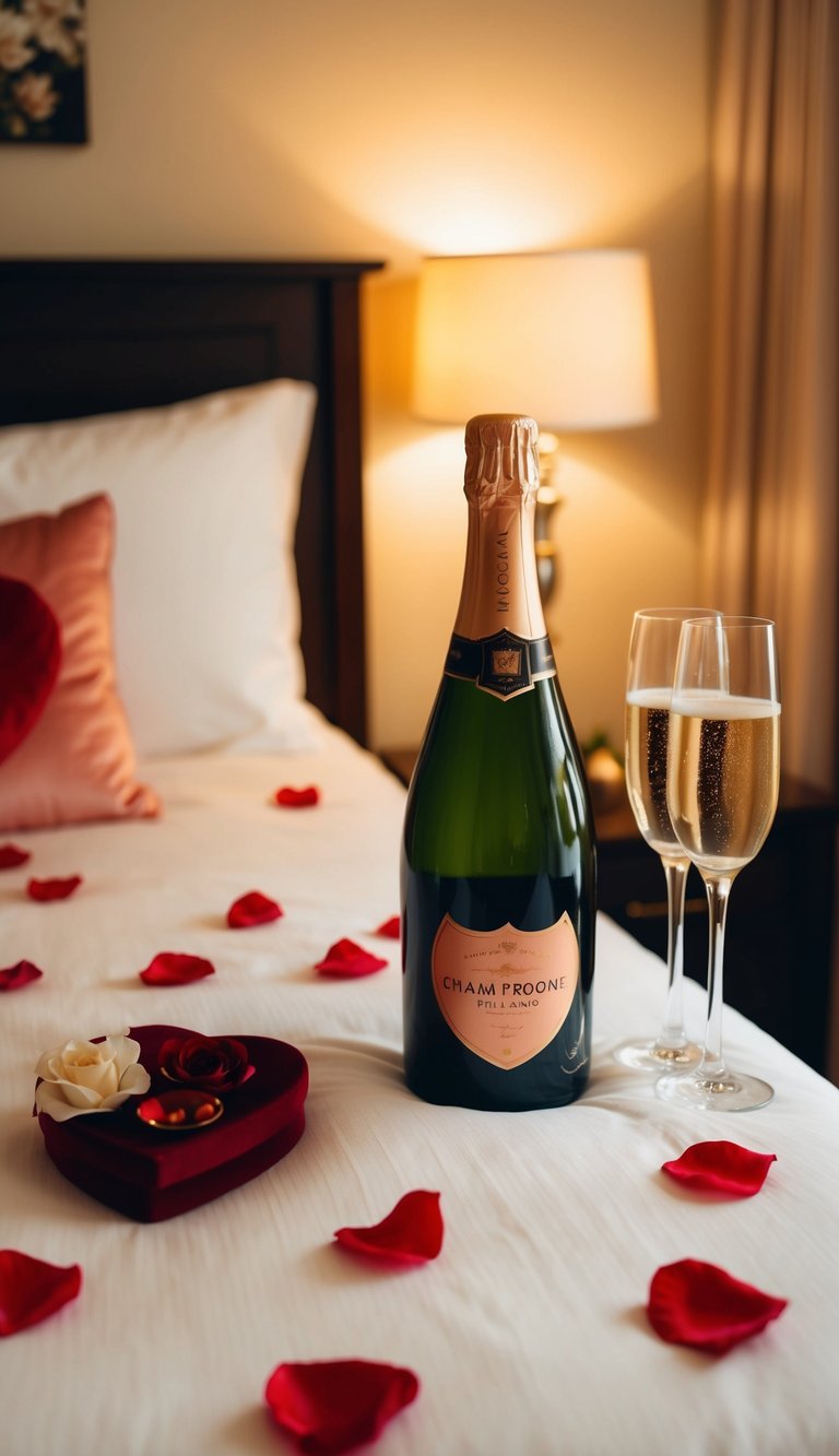 A cozy bedroom with soft, warm lighting, scattered rose petals, and heart-shaped decorations. A bottle of champagne and two glasses sit on a bedside table