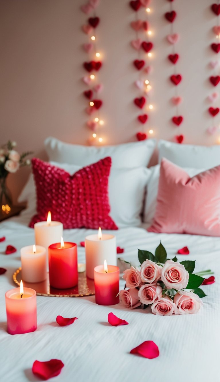 A cozy bedroom with soft pink, red, and white accents. Candles, rose petals, and heart-shaped decorations create a romantic atmosphere