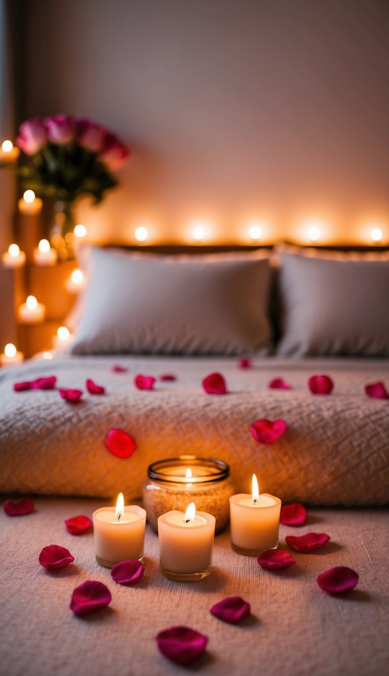 A cozy bedroom with soft, warm lighting, scattered rose petals, and flickering candles creating a romantic ambiance for Valentine's Day