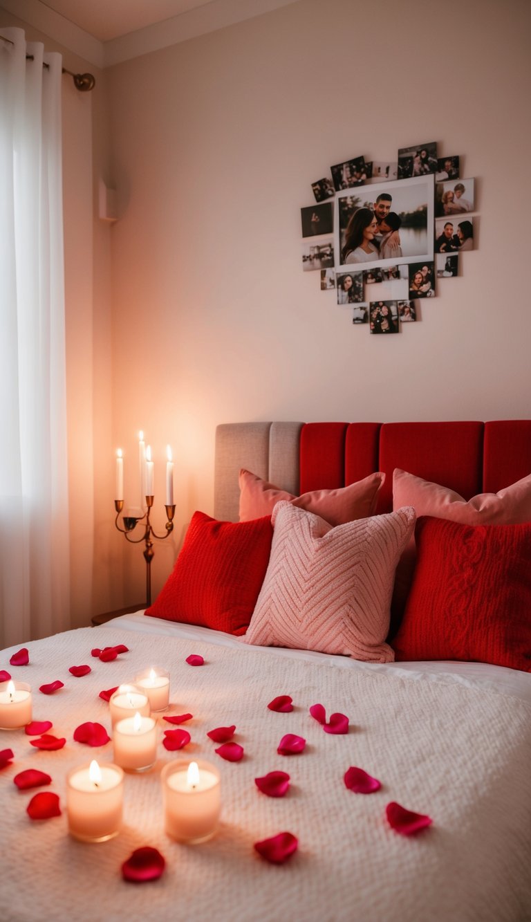 A cozy bedroom with soft, red and pink accents, scattered rose petals, and flickering candlelight. A heart-shaped photo collage hangs on the wall above the bed