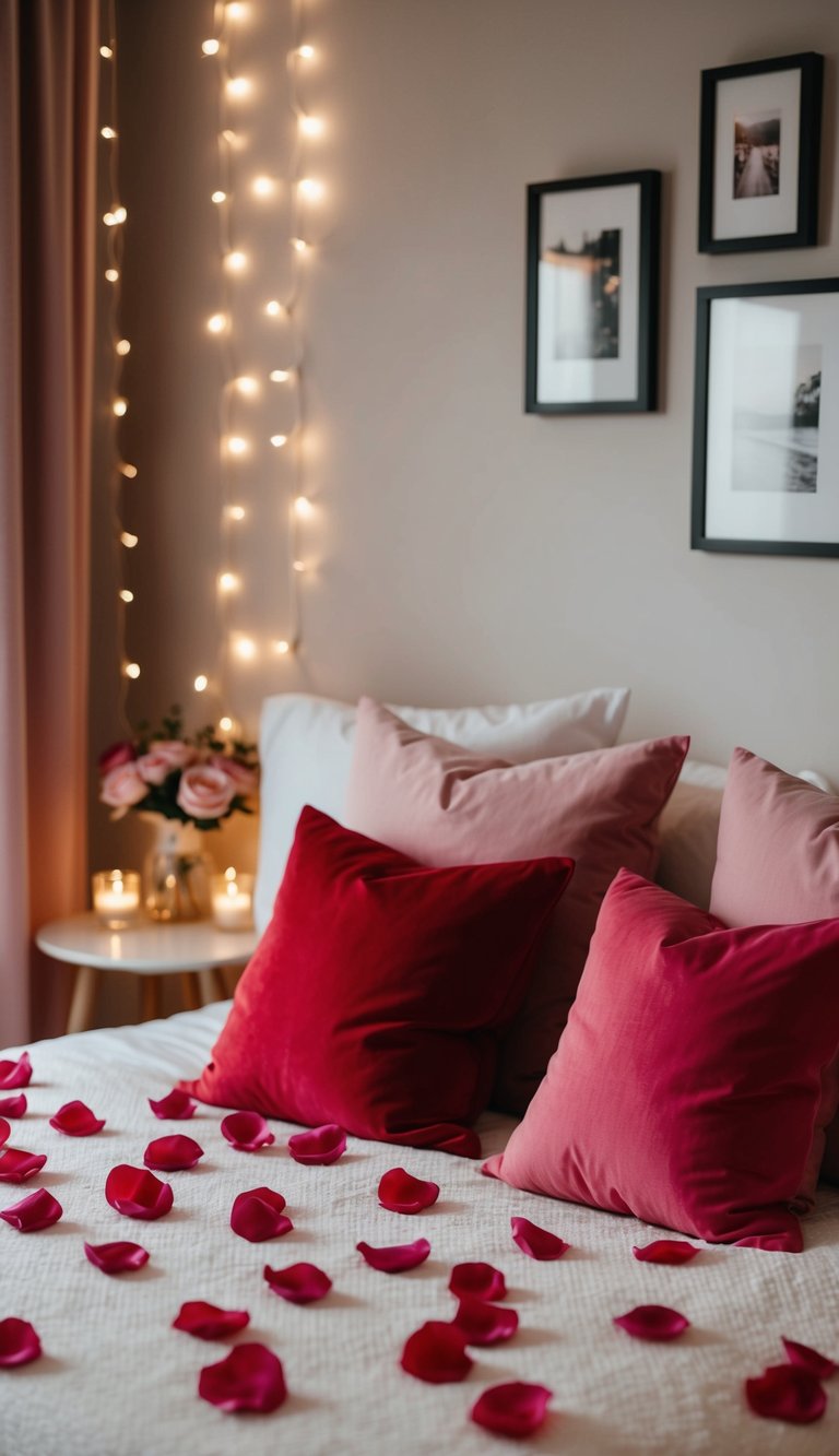 A cozy bedroom with rose petals scattered on the bed, soft pink and red throw pillows, and dimmed fairy lights creating a romantic ambiance