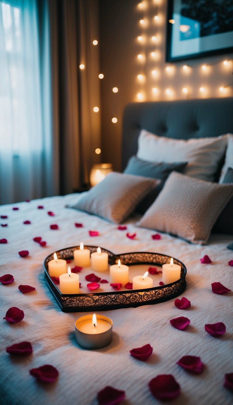 A cozy bedroom with soft, dim lighting, scattered rose petals, and a heart-shaped arrangement of candles on the bed