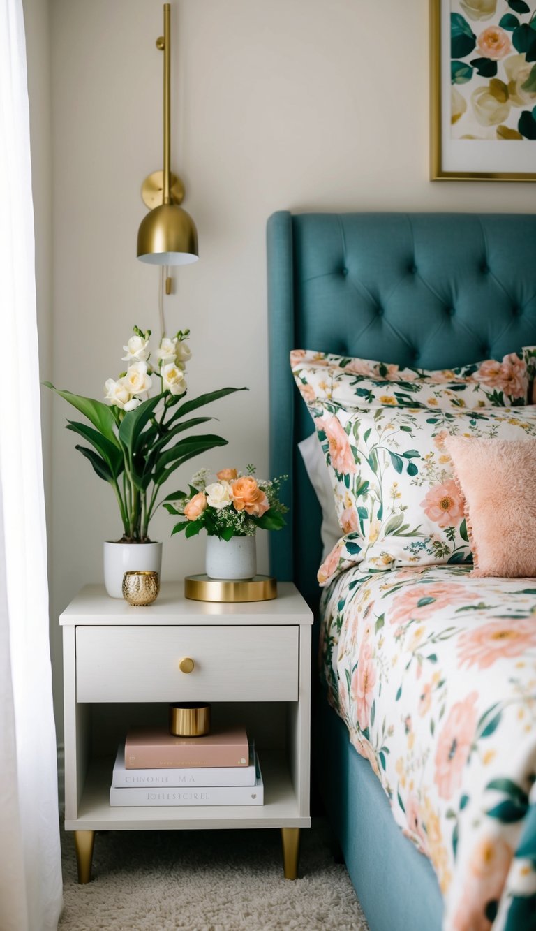 A cozy bedroom with floral-printed bedding, potted plants, and a vase of fresh flowers on the nightstand. Soft lighting and a romantic ambiance