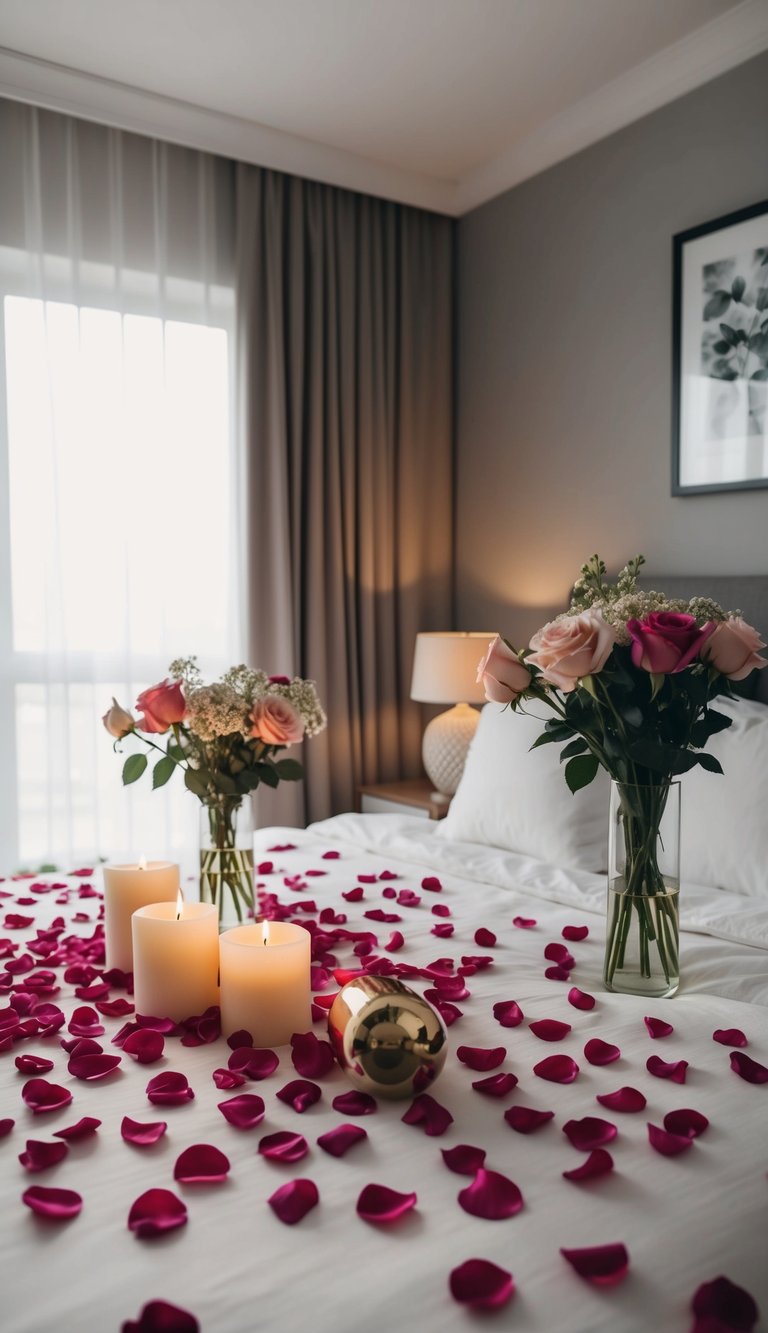 A cozy bedroom with rose petals scattered on the bed, scented candles, and fresh flowers in vases creating a romantic atmosphere