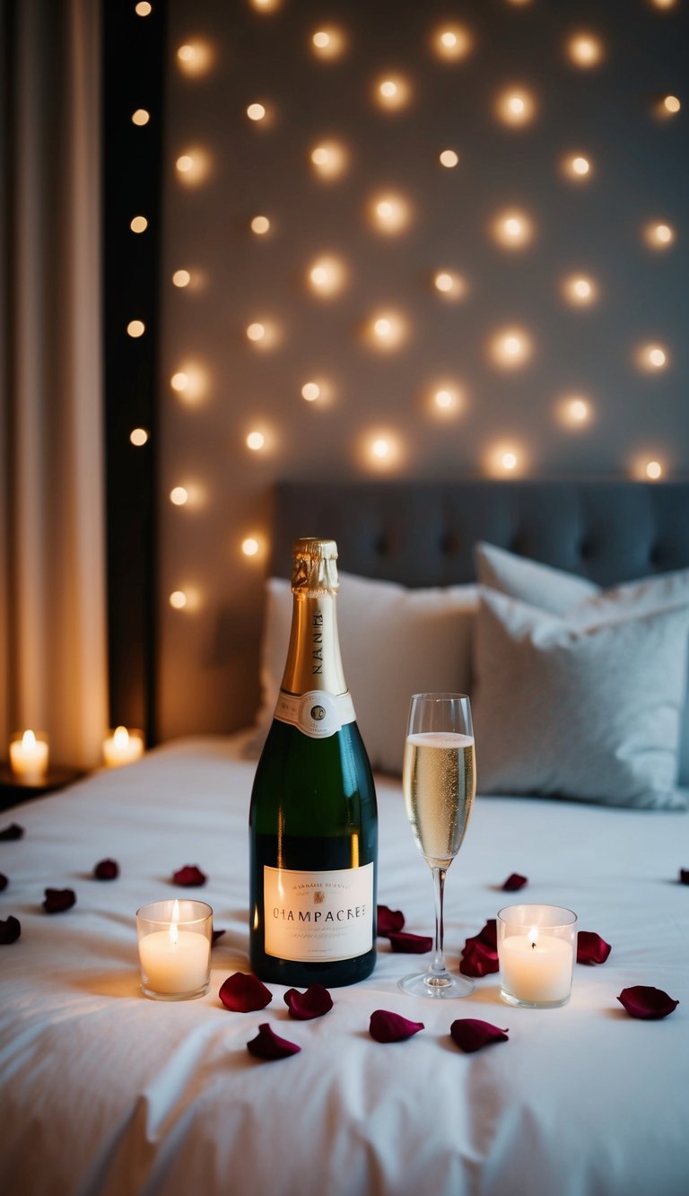 A dimly lit bedroom with rose petals scattered on the bed, soft candlelight, and a bottle of champagne on ice