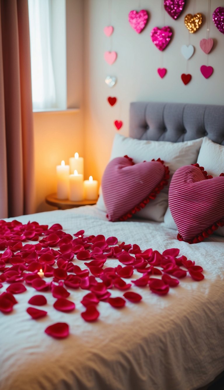 A cozy bedroom with rose petals on the bed, soft candlelight, and heart-shaped decorations