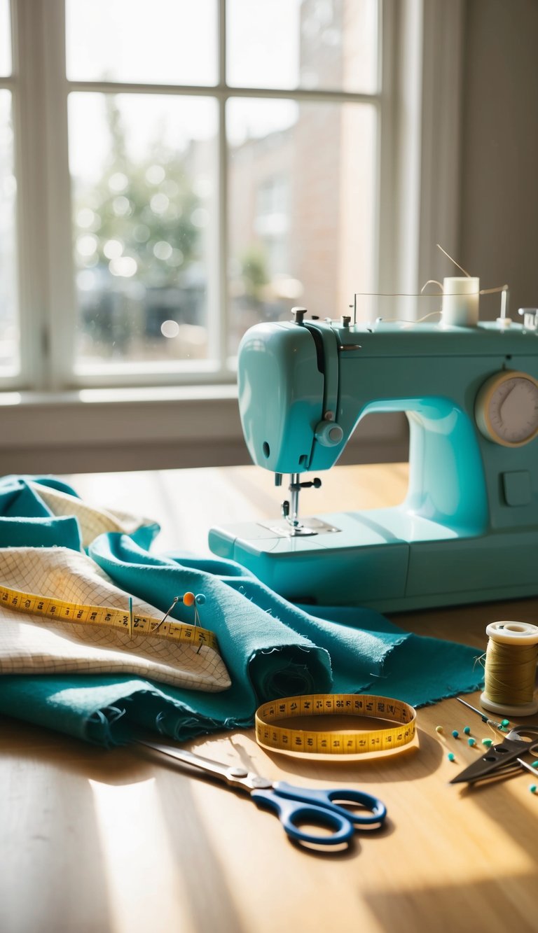 A table with sewing machine, fabric, thread, scissors, pins, and measuring tape. A window with sunlight shining through, casting shadows on the work surface