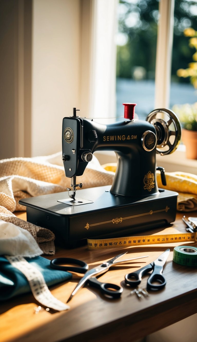 A sewing machine sits on a wooden table surrounded by fabric, scissors, pins, and a measuring tape. The sun shines through a window, casting a warm glow on the materials