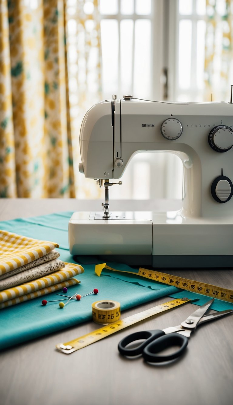 A table with fabric, scissors, measuring tape, and pins. A sewing machine is ready to start on a custom curtain project for the bedroom