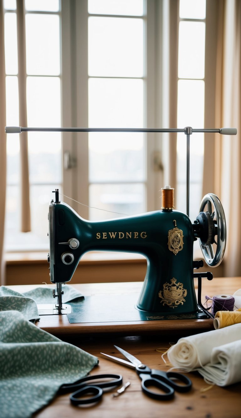 A sewing machine sits on a wooden table, surrounded by fabric, thread, and scissors. A window with bare rods is in the background, ready for custom curtains