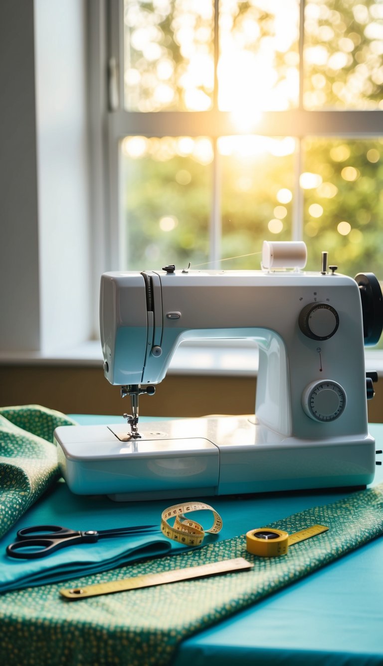 A sewing machine and fabric laid out on a table, with scissors, pins, and a tape measure nearby. A window with sunlight streaming in