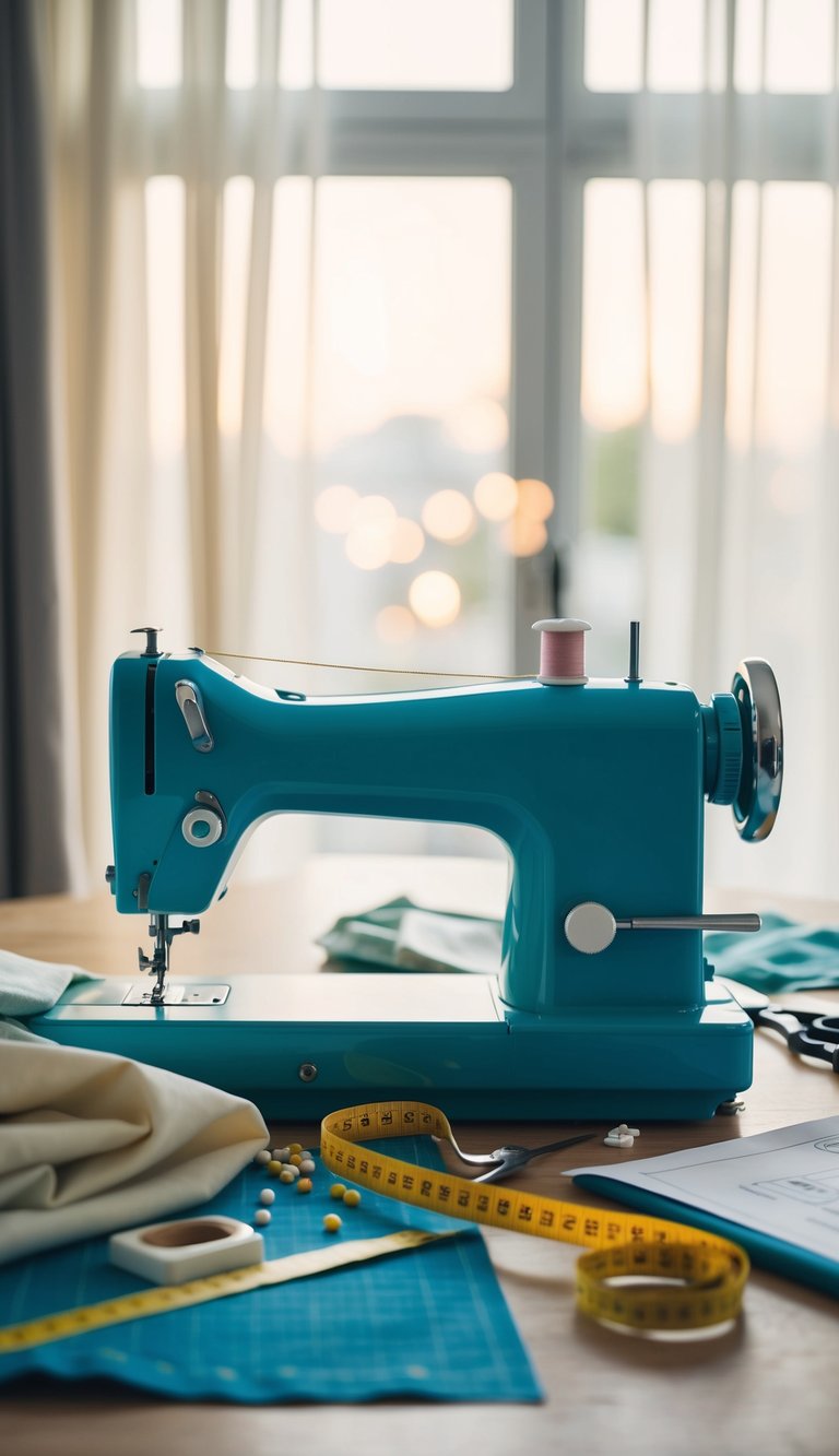 A sewing machine surrounded by fabric, measuring tape, and pins on a table. A pair of curtains in progress, with a pattern and scissors nearby